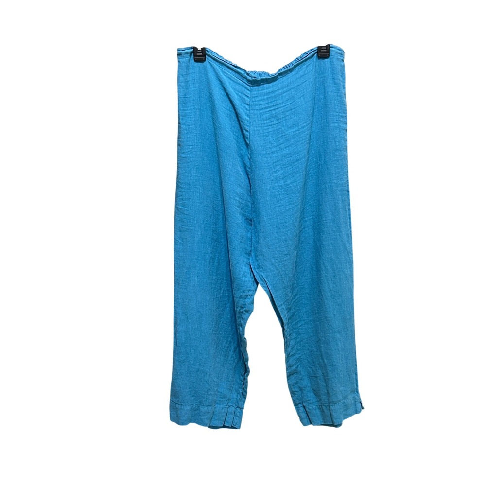 Bryn Walker Linen Pants Large Blue Elastic Waist Wide Leg Cropped Made in USA